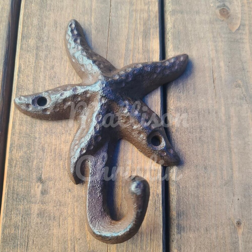 2 Starfish Cast Iron Nautical Beach Theme Coat Hat Towel Key Rack Hook